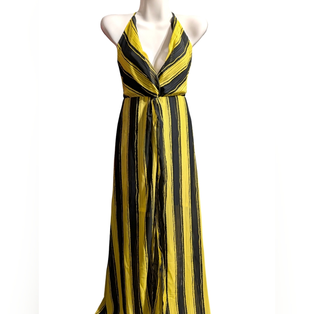 Chic Halter Neck Yellow and Black Maxi Dress
